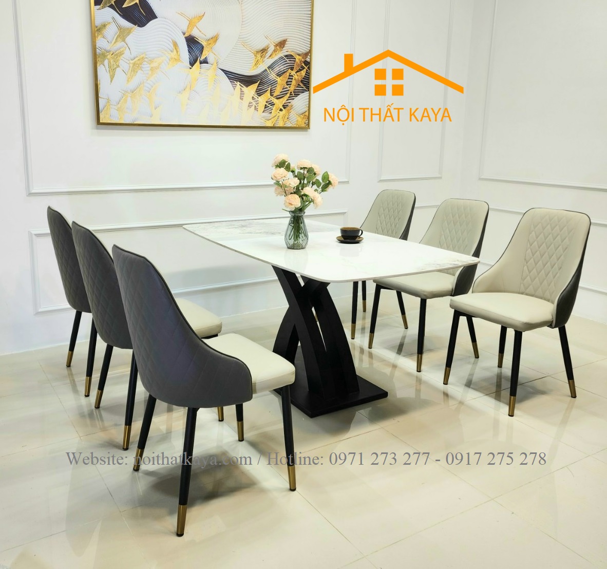 Bộ Bàn Mặt Đá Ceramic Chân X - 6 Ghế Nhập Khẩu KY-GH15 - Ảnh 11