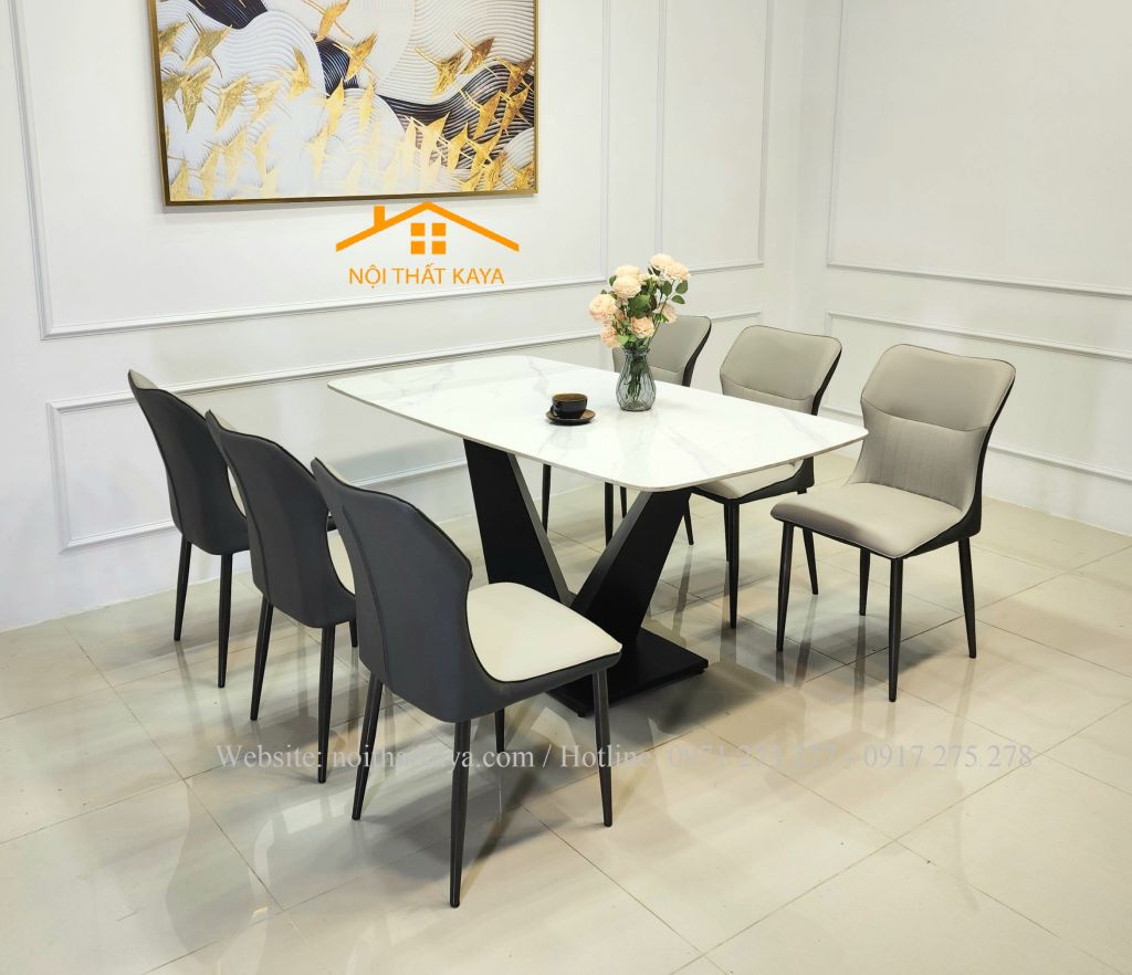 Bộ bàn mặt đá Kelly 6 ghế chân V 1