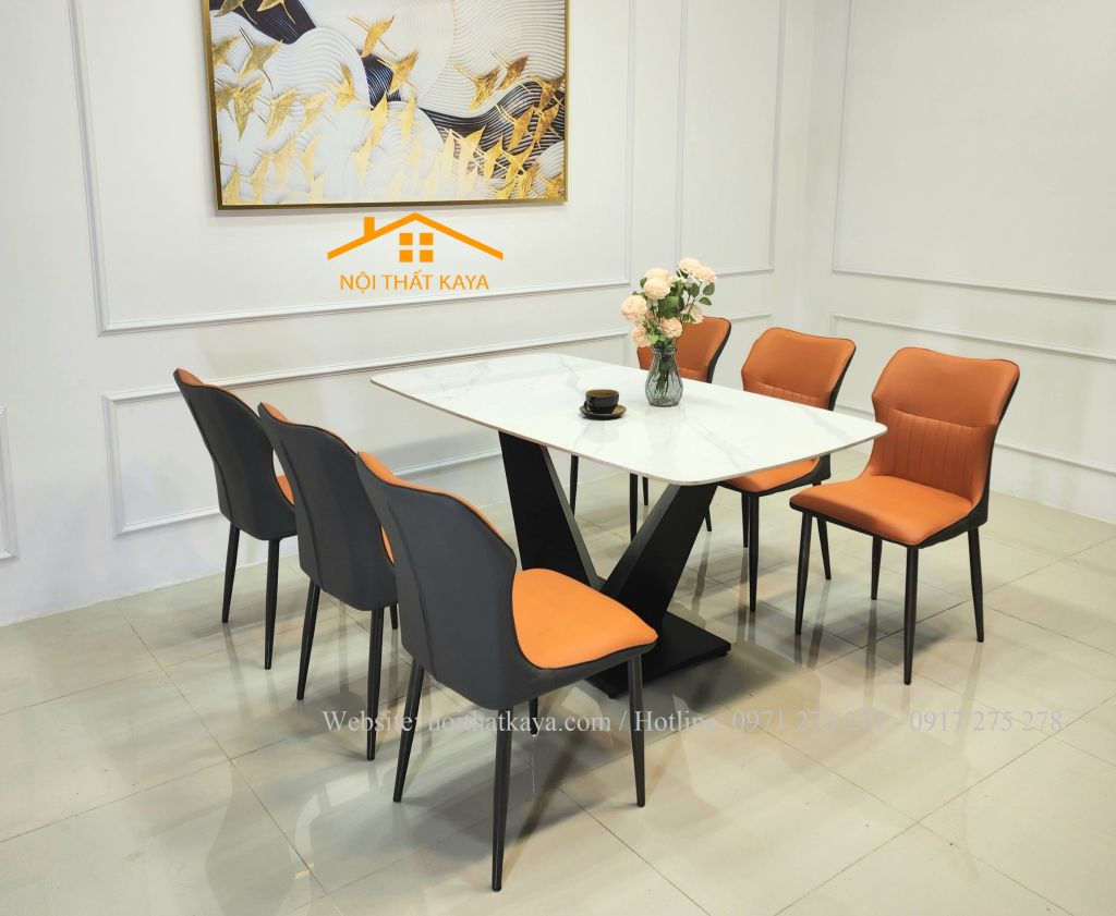 Bộ bàn mặt đá Kelly 6 ghế chân V