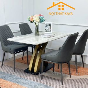 Bộ Bàn Mặt Đá Ceramic Chân X Cong Mạ PVD - 4 Ghế Nhập Khẩu KY-GH04