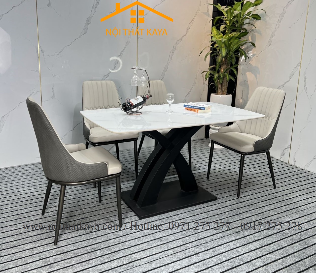 Bộ Bàn Mặt Đá Ceramic Chân X Cong - 4 Ghế Nhập Khẩu KY-GH04 - Ảnh 2